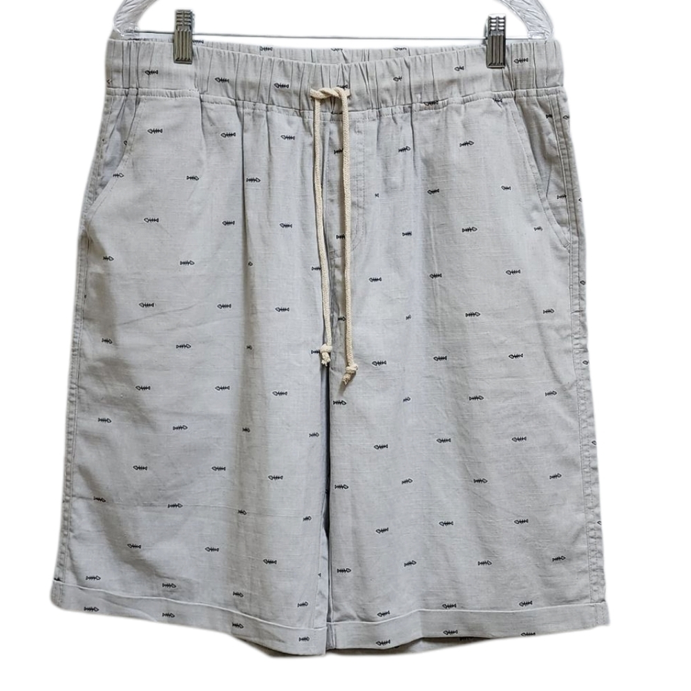 Bermuda Shorts Mens XL Gray Linen Blend Black Fish Bones Print Pull On Beach